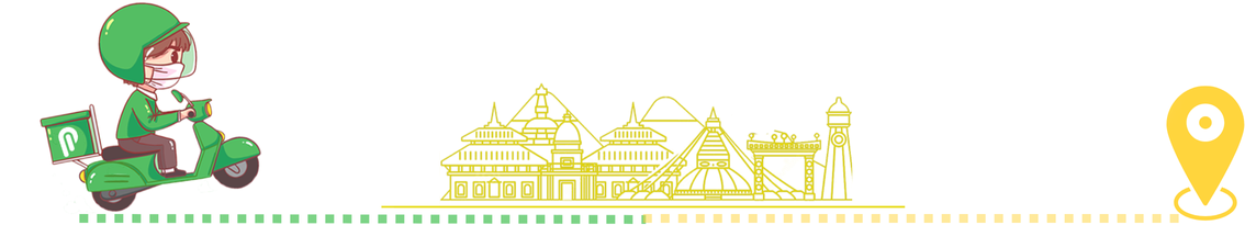 Pasa delivery rider on scooter with Nepal landmarks